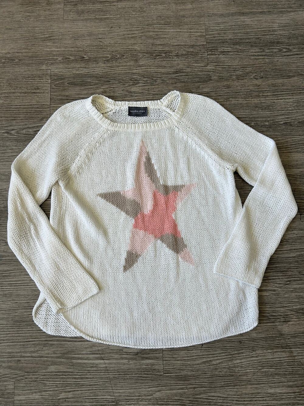 Wooden Ships Star Sweater Women SM Cream Pink Tan Open Knit Loose Beachy Boho